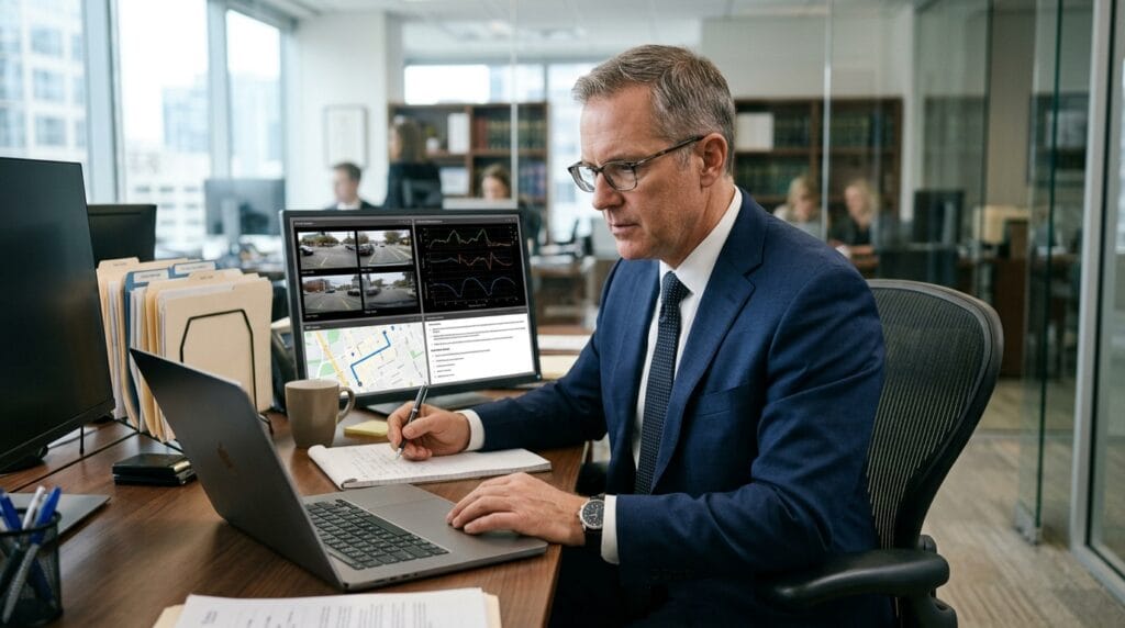 Attorney reviewing digital evidence after an autonomous vehicle accident in Los Angeles