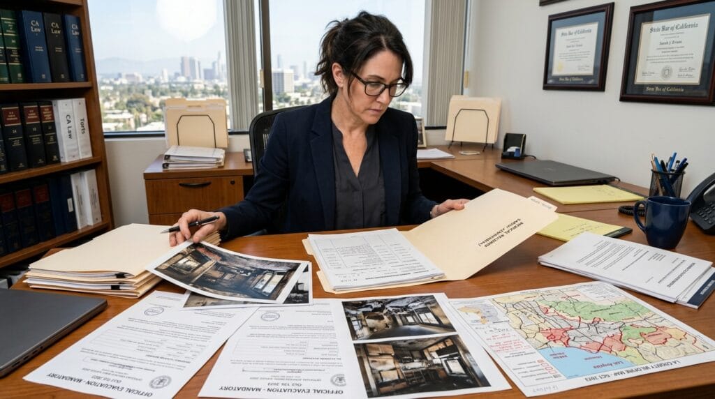 Attorney reviewing evidence for Los Angeles wildfire injury claims