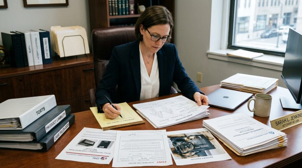 Attorney reviewing evidence for a lithium-ion battery fire injury claim