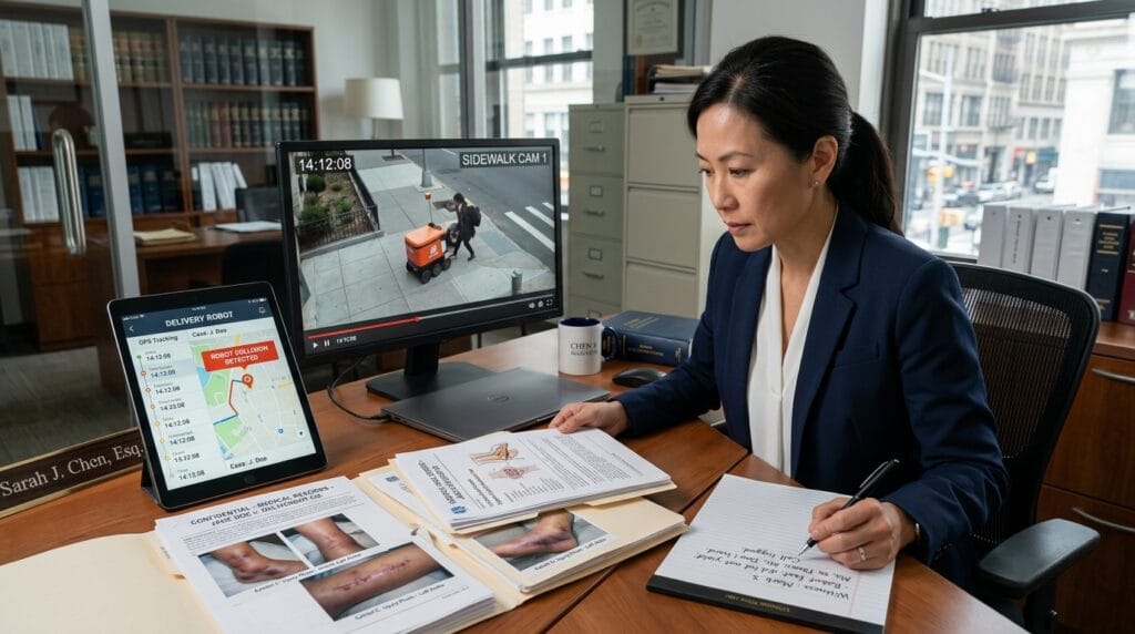 Attorney reviewing video and app data for a delivery robot injury claim