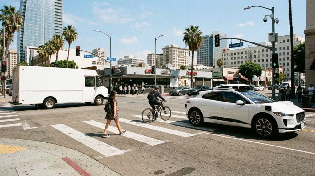 Los Angeles intersection with autonomous vehicle, delivery van, cyclist, and pedestrian evidence sources