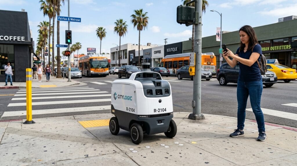 Pedestrian documenting delivery robot evidence after a sidewalk incident