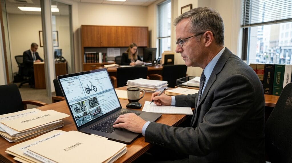 Attorney reviewing retailer and device evidence for a Los Angeles e-moto accident claim