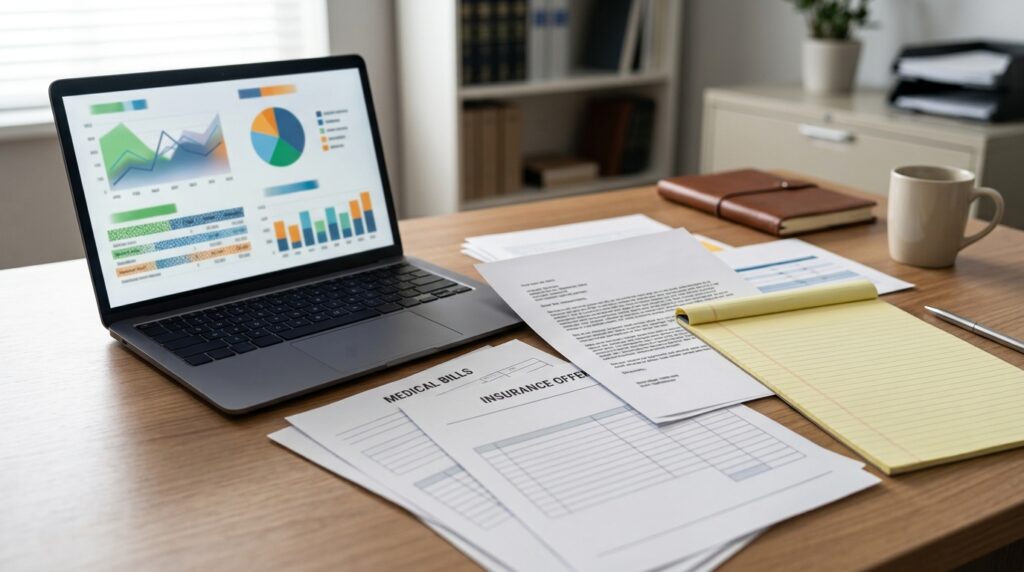 AI insurance claim documents with settlement offer, medical bills, demand letter, and human review notes