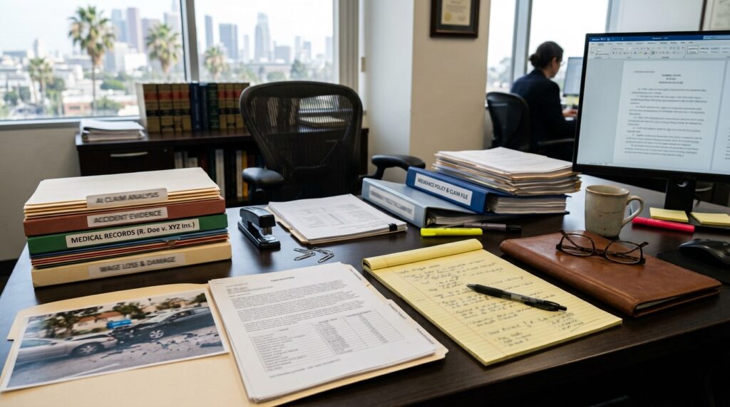 AI insurance claim evidence with medical records, accident photos, wage loss documents, and insurance papers
