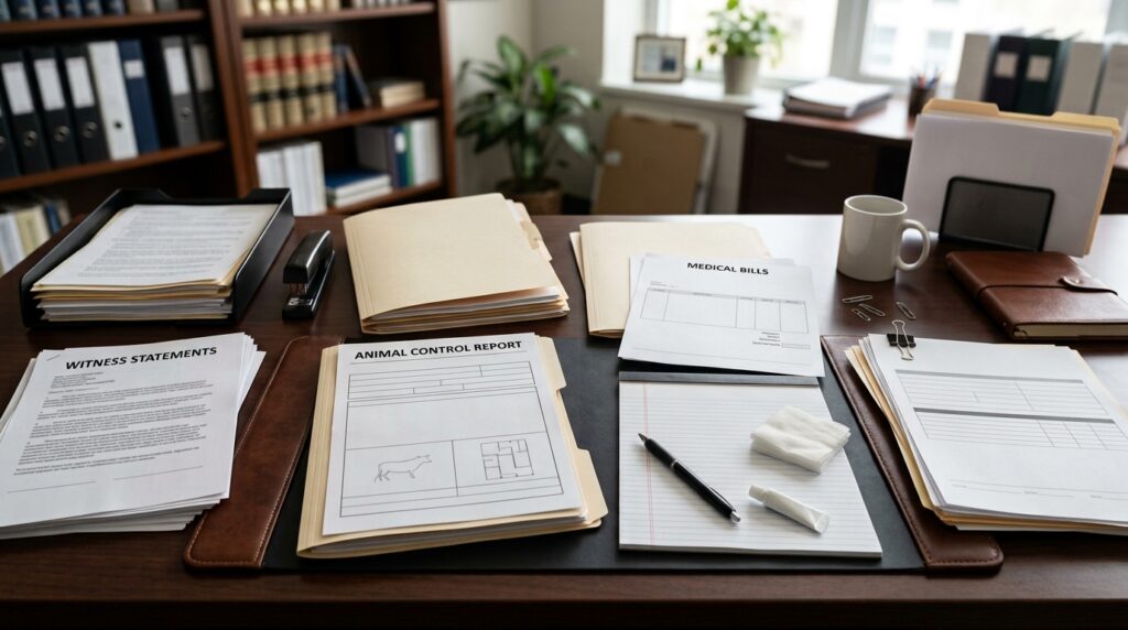 Los Angeles dog bite claim documents with medical bills, scar photos, insurance papers, and witness notes