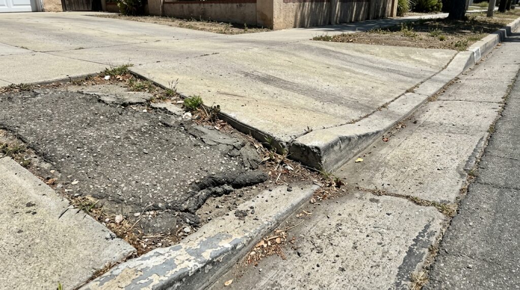 Uneven sidewalk and asphalt patch illustrating a possible public-property injury hazard
